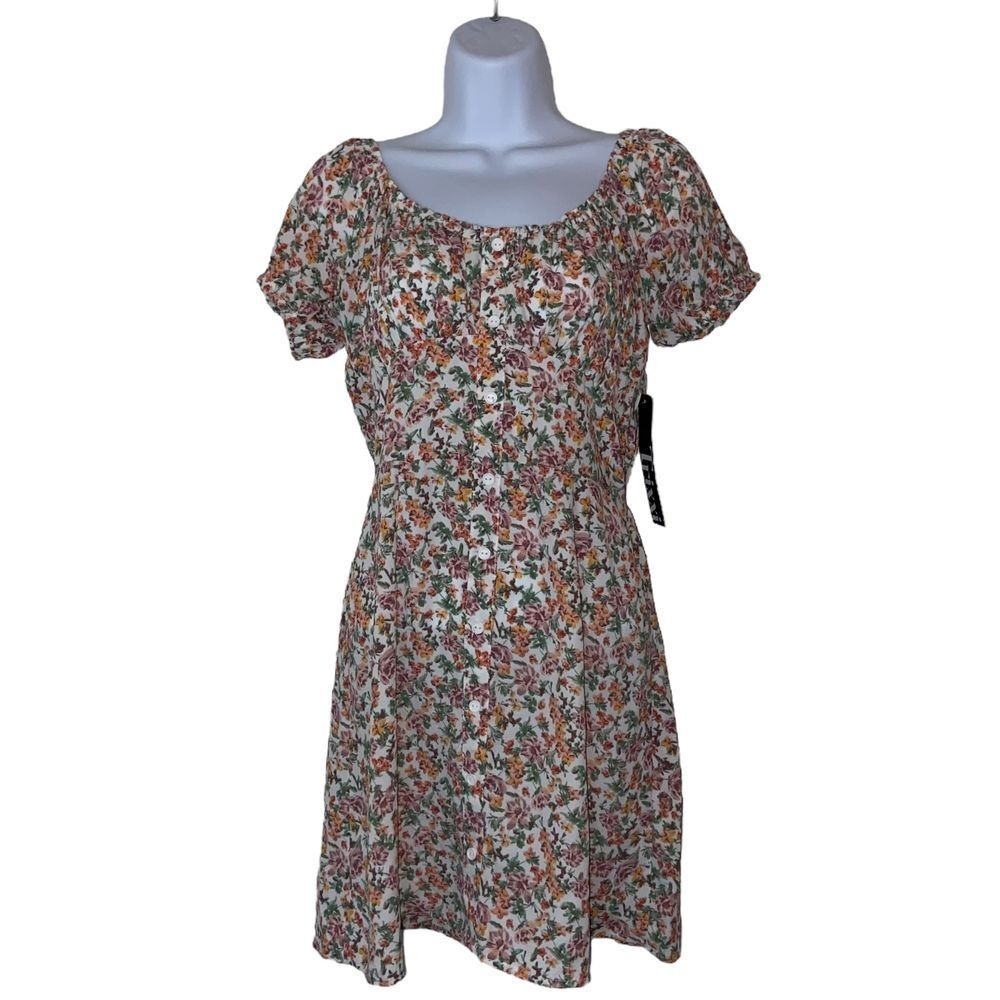 Trixxi NEW Floral Button Front Mini Dress Short Puff Sleeve Boho Cottagecore M - Picture 2 of 11
